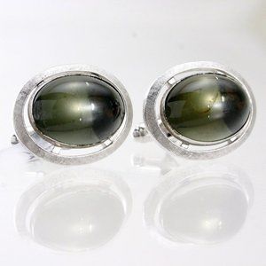 Retro Moody Green Stone and Silver Brushed Metal Cuff Links cufflinks mens chris